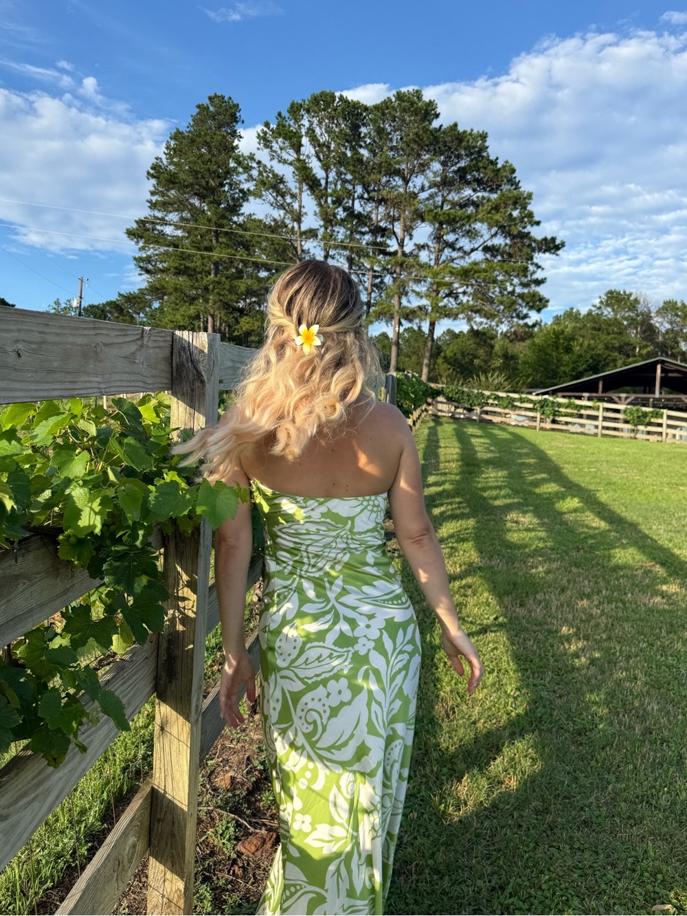 Strapless Green & White Printed Maxi Dress